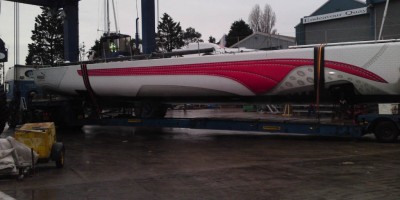 Open 60 Race Yacht loaded in Gosport en route to London for a Photo shoot for "Puma"