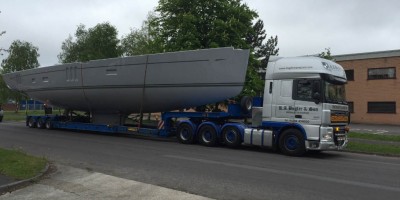 Oyster 745 Hull & Deck being transported to Southampton for fit out